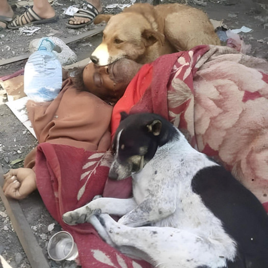 A deeply touching story emerges as two faithful dogs stand vigil by a homeless man, steadfastly guarding him as he faces his final moments