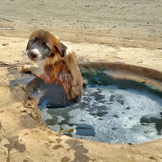 A desperate puppy, trapped in a gutter, lets out heart-wrenching cries for help, but despite his pleas, no one comes to his aid