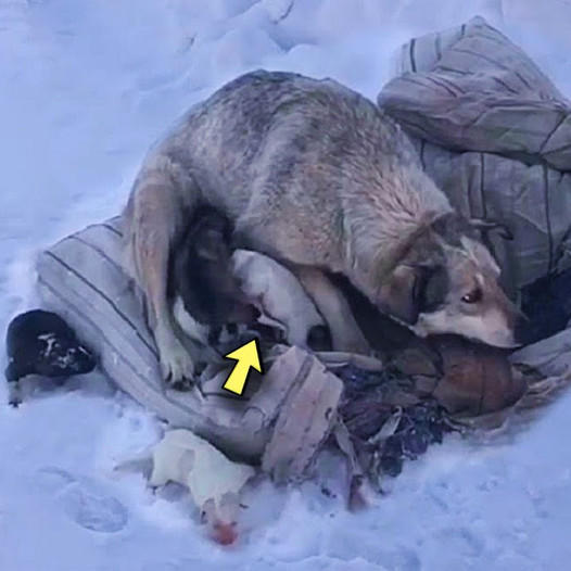 Brave Mother Dog Searches for Comfort and Help After Welcoming 10 Puppies in the Cold Snow of Northern America